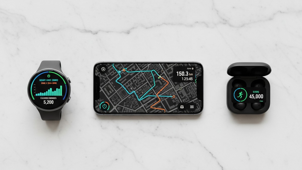 Multiple fitness tracking devices — smartwatch, phone, earbuds — arranged on a clean desk, each showing different fitness apps