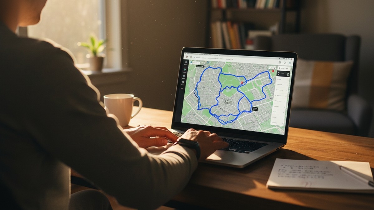Person reviewing GPS route map on laptop screen, analyzing fitness app location data for patterns