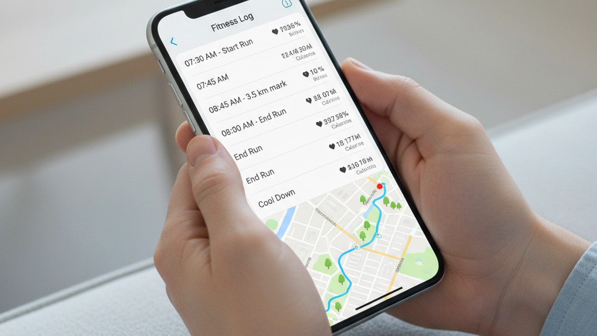 Hands holding smartphone displaying fitness activity log with timestamps and location map