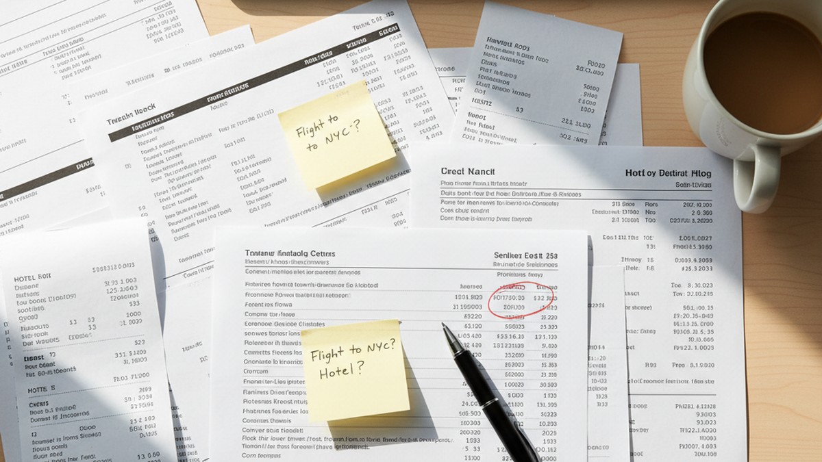 Credit card statements and airline booking confirmations spread on desk revealing hidden travel charges