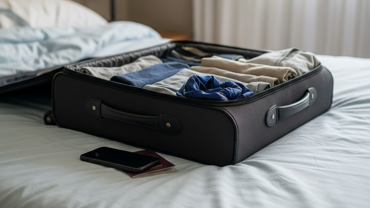 Half-packed carry-on suitcase on bed with phone face-down beside it, signs of secretive travel preparation