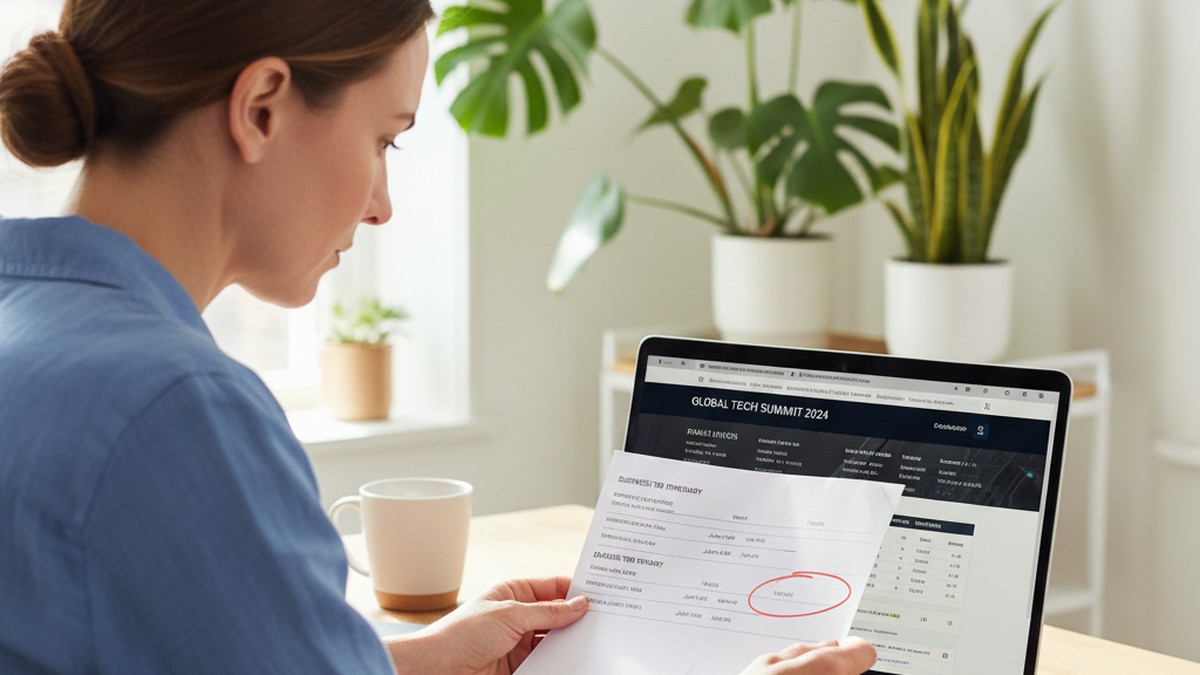 Person at laptop cross-referencing travel itinerary with online conference information to verify business trip claims