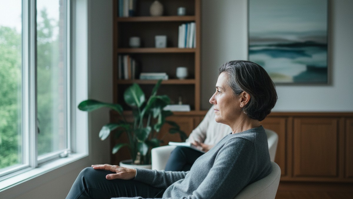 Person in a calm therapy setting near a window, representing healing support after betrayal