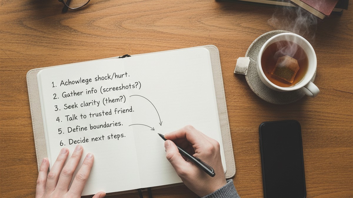 Person writing in journal working through steps after discovering partner's dating profile