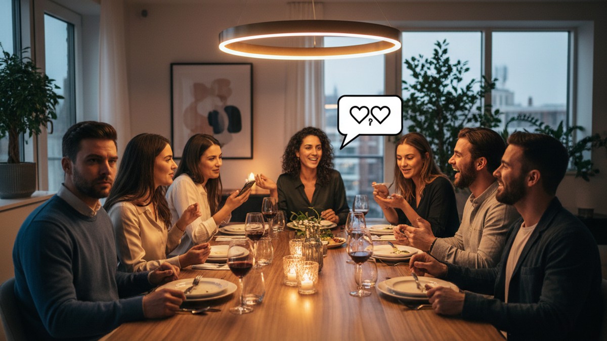 Friends at a dinner table with one person visibly uncomfortable when a partner is mentioned