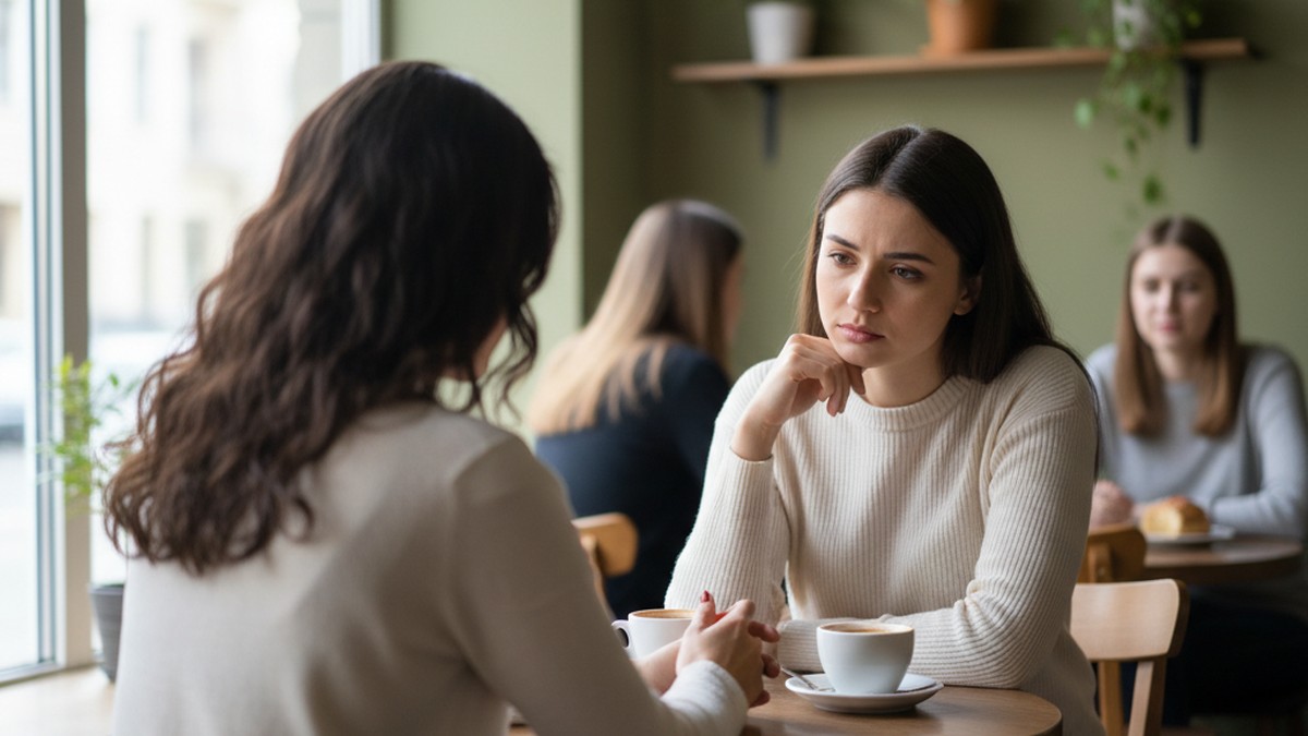 Two women having a serious one-on-one conversation at a cafe about what one of them knows