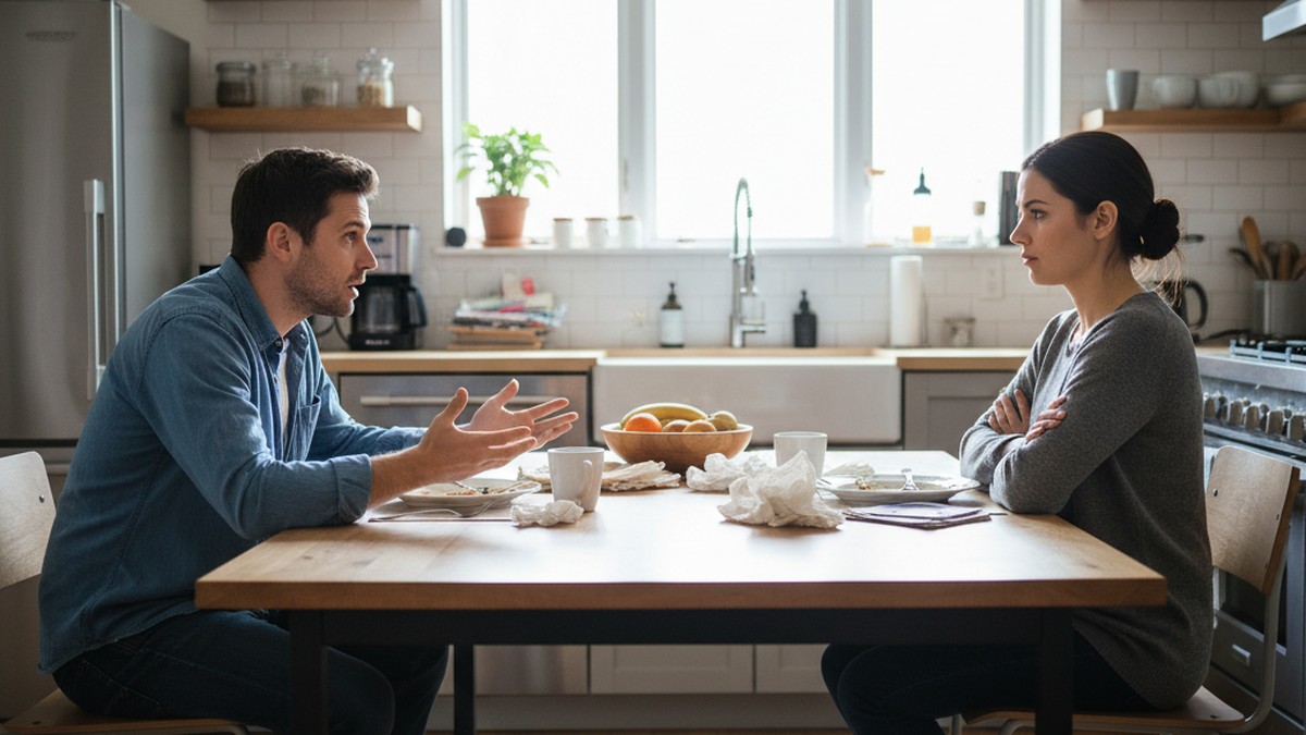 Two people in tense confrontation at kitchen table, illustrating DARVO gaslighting response to cheating