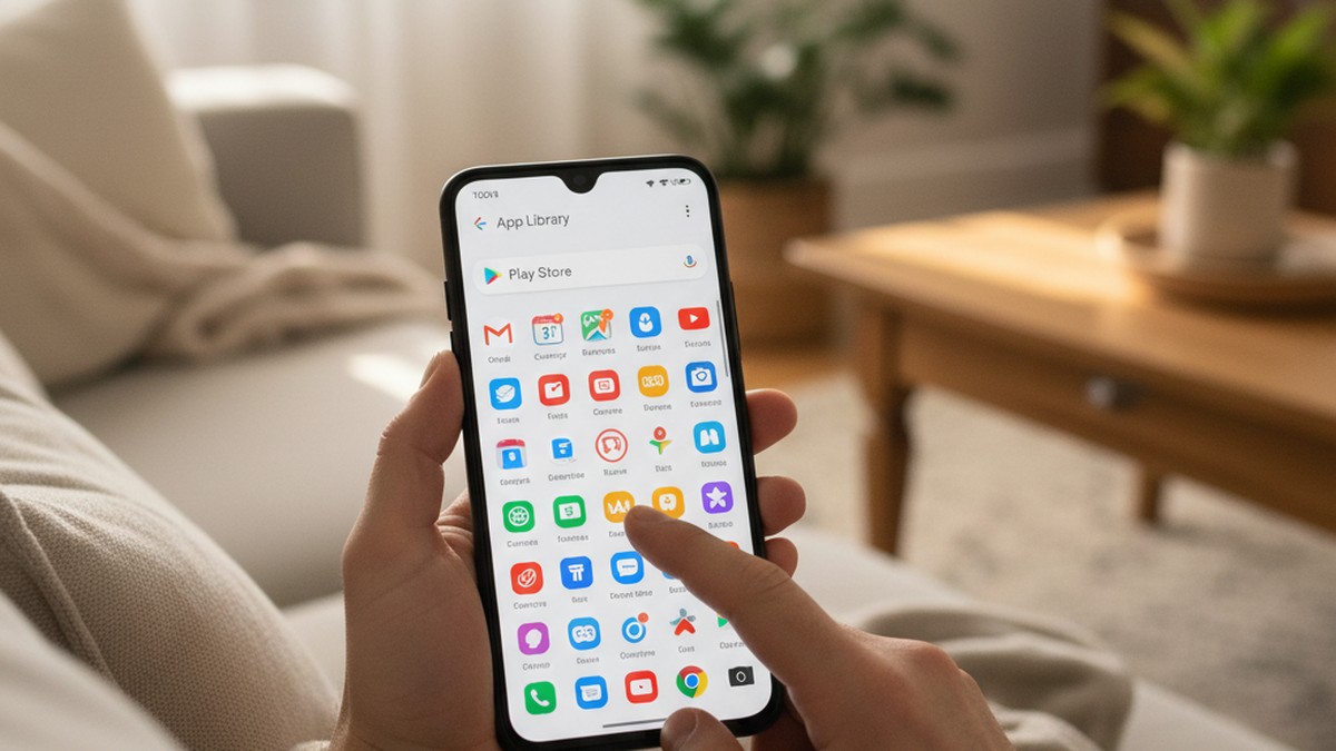 Hands scrolling through Google Play Store app library on a smartphone to check download history