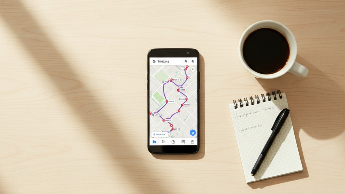 Smartphone showing Google Maps Timeline on a flat-lay desk view for location history review