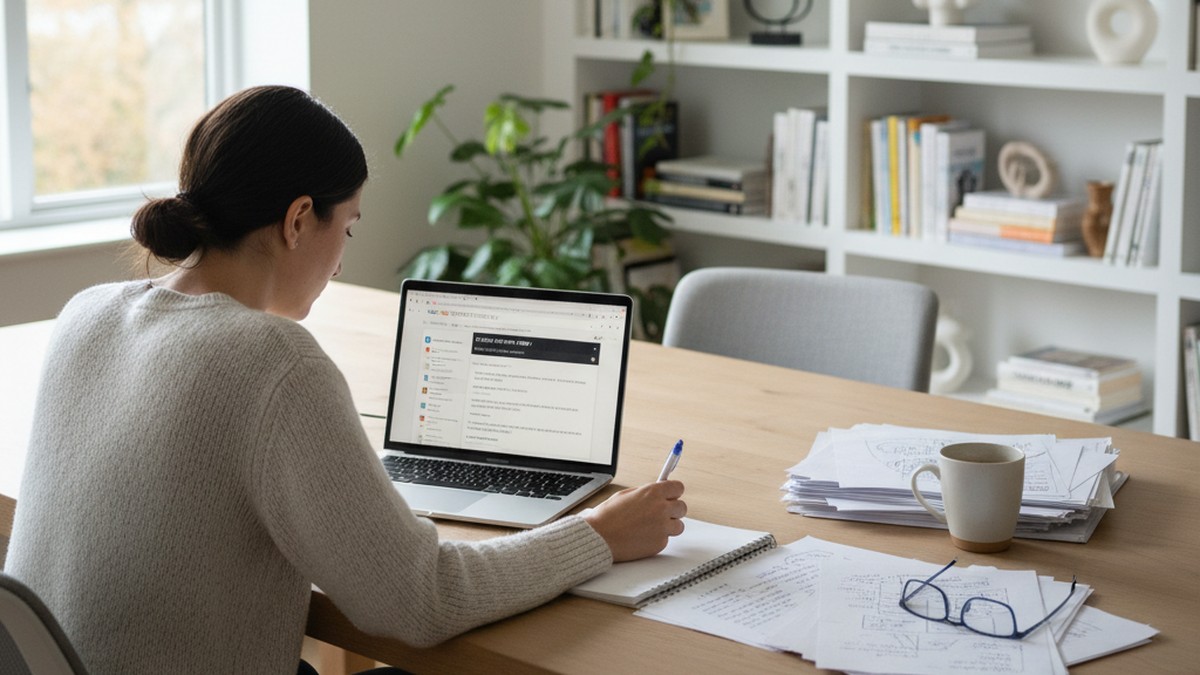 Person at home office desk working through a structured digital investigation with laptop and notes