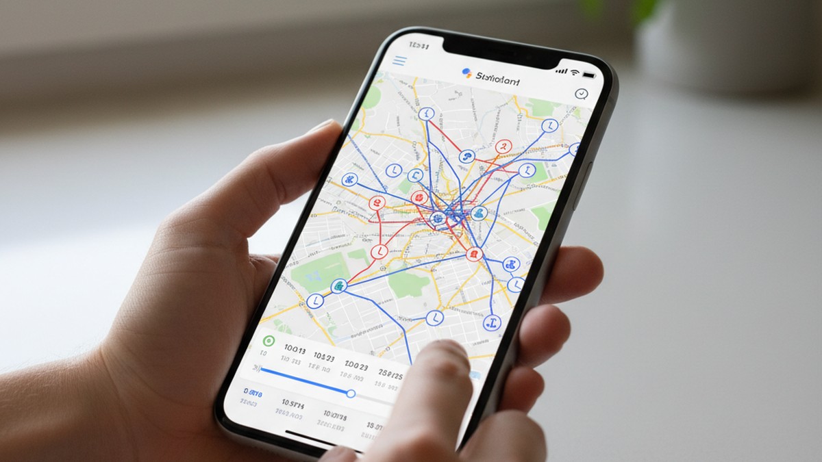Hands holding smartphone showing map with location pins and route history