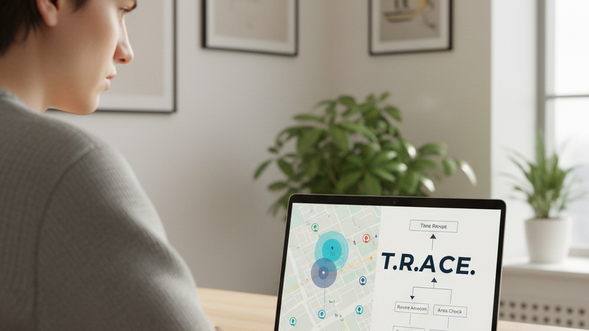 Person at laptop analyzing location data and evaluating evidence