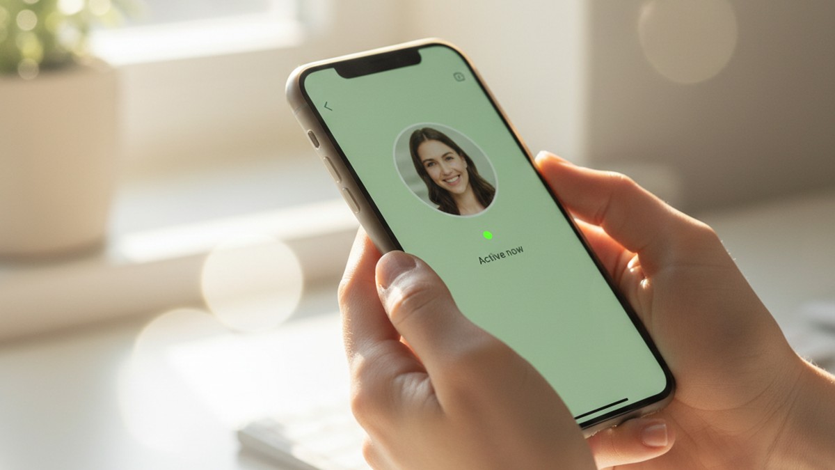 Close-up of hands holding phone showing dating app activity status green dot indicator