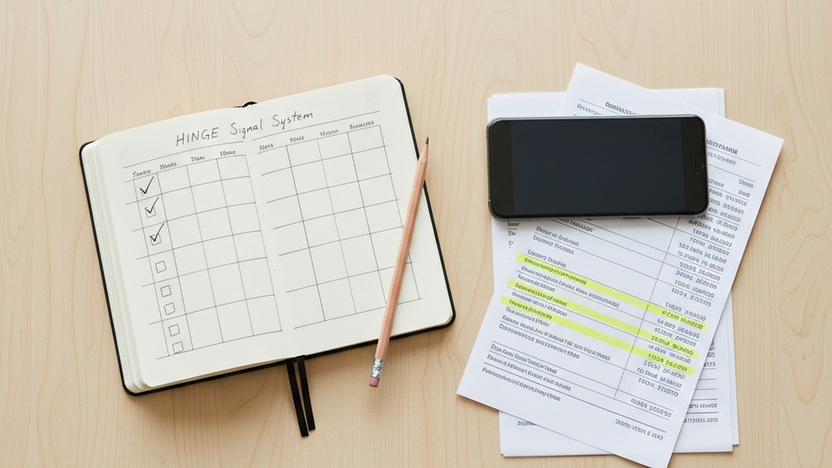 Overhead flat-lay of notebook checklist, phone, and bank statement — investigation organization