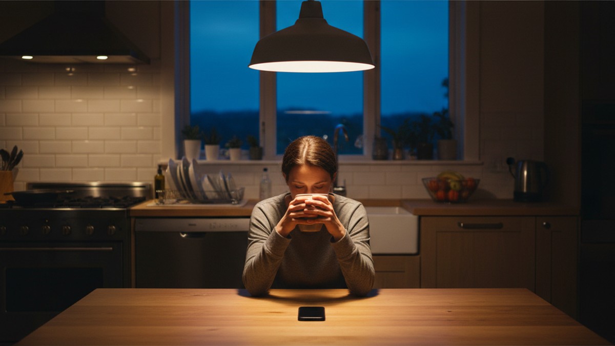 Person sitting alone at kitchen table with coffee, phone face-down, contemplating a difficult conversation