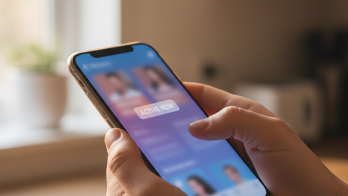 Hands scrolling through dating app profile cards on a smartphone showing activity status badges