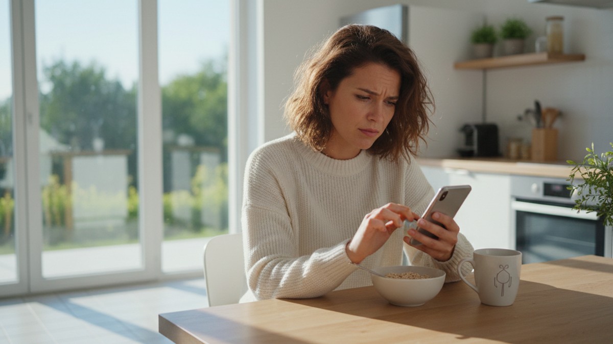 Woman at kitchen table looking at phone with concerned expression checking partner's Hinge activity