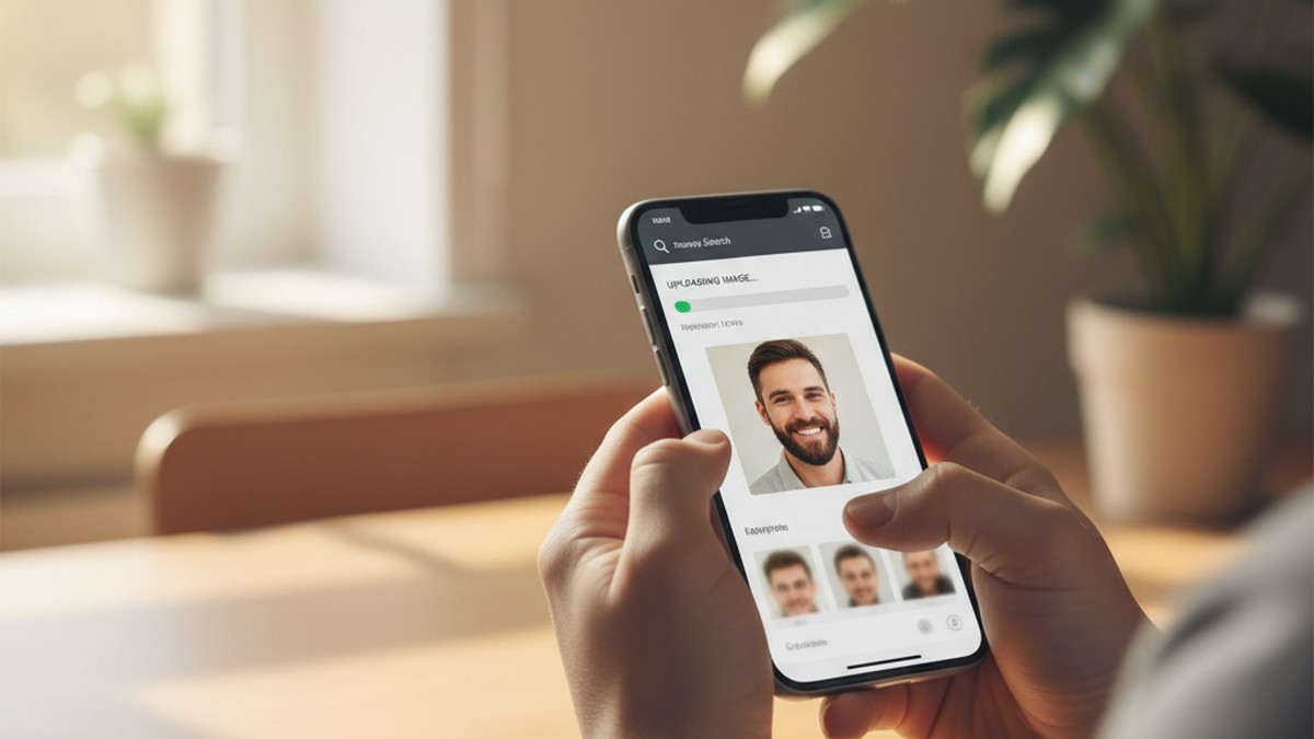 Hands holding a smartphone running a reverse image search to find a Hinge profile