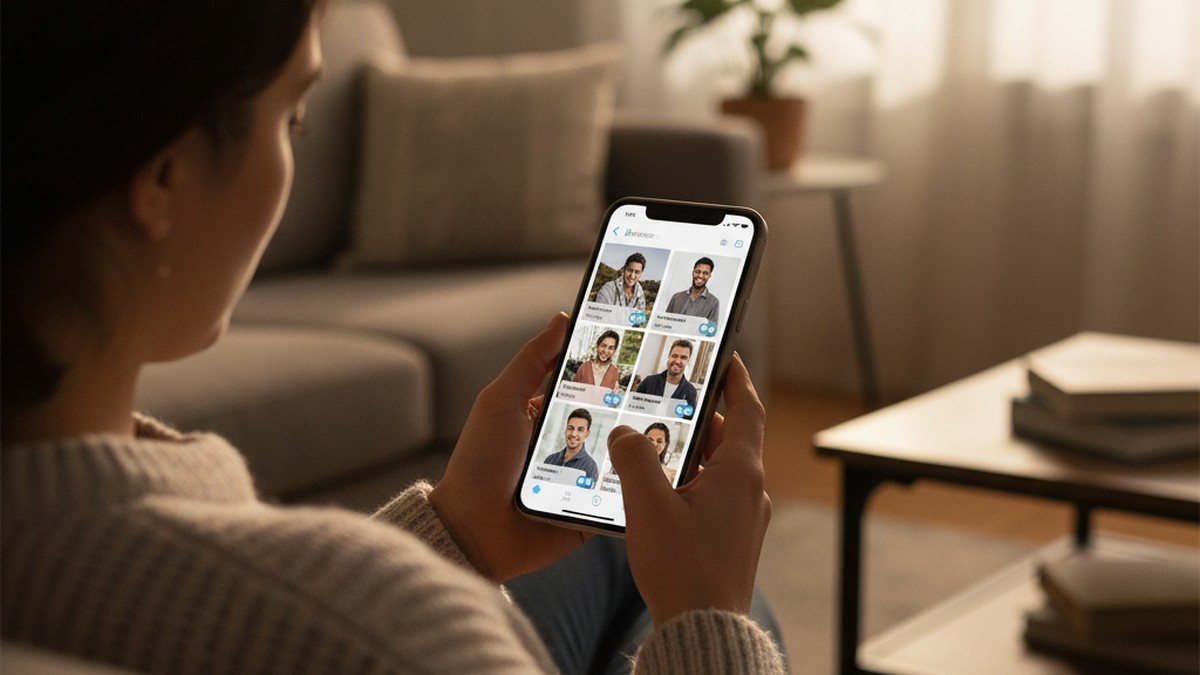 Over-the-shoulder view of someone scrolling through profiles on a dating app during a Hinge profile search