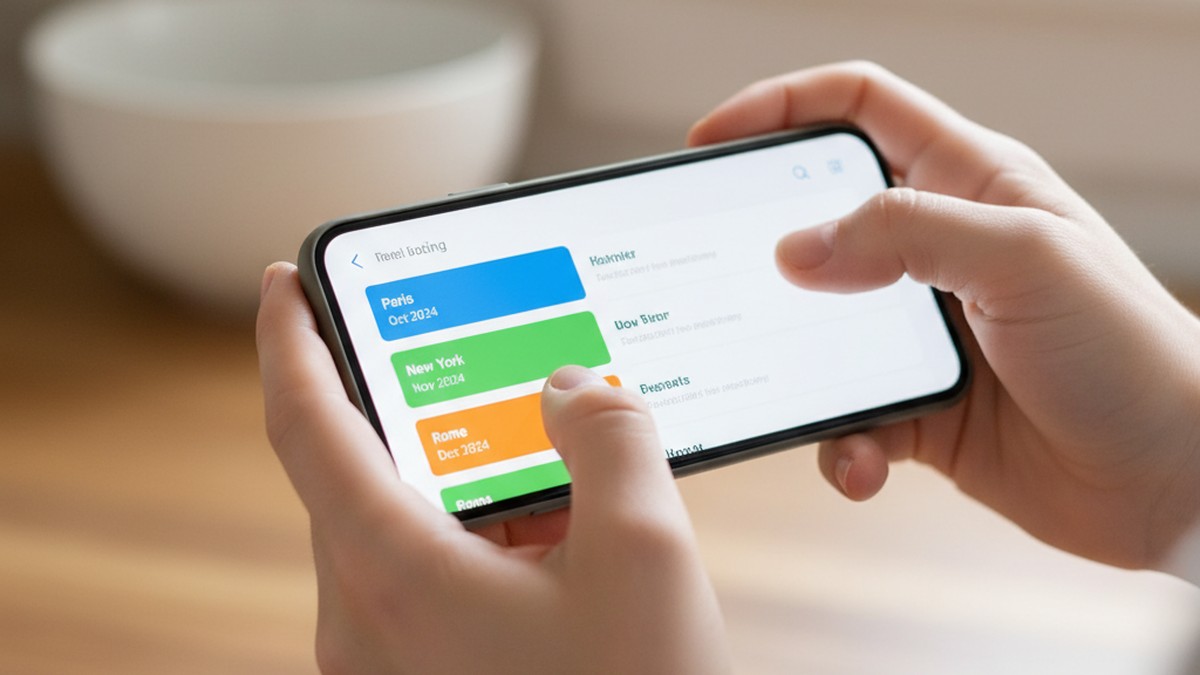Hands scrolling through hotel booking app history on smartphone