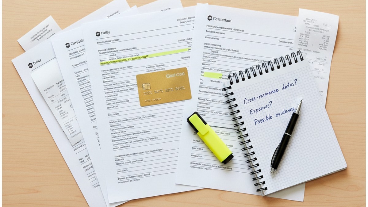 Credit card statements and financial documents spread on desk for review