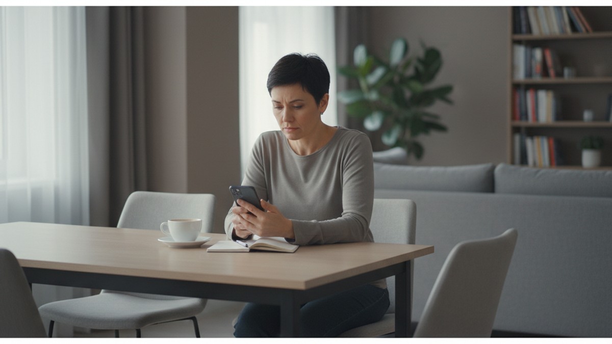 Person sitting at table looking at phone with concerned expression
