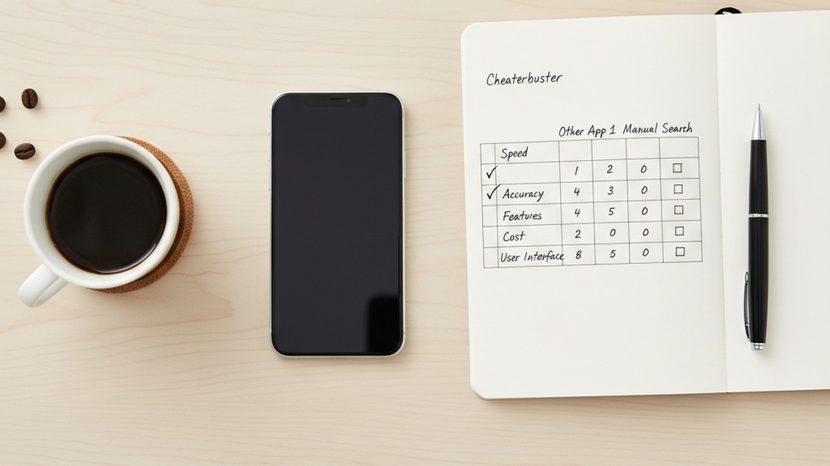Desk flat-lay with phone, scoring notebook and checklist for evaluating cheaterbuster accuracy variables