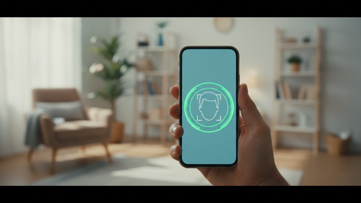 Hand holding smartphone showing facial recognition feature used to verify dating profile photos