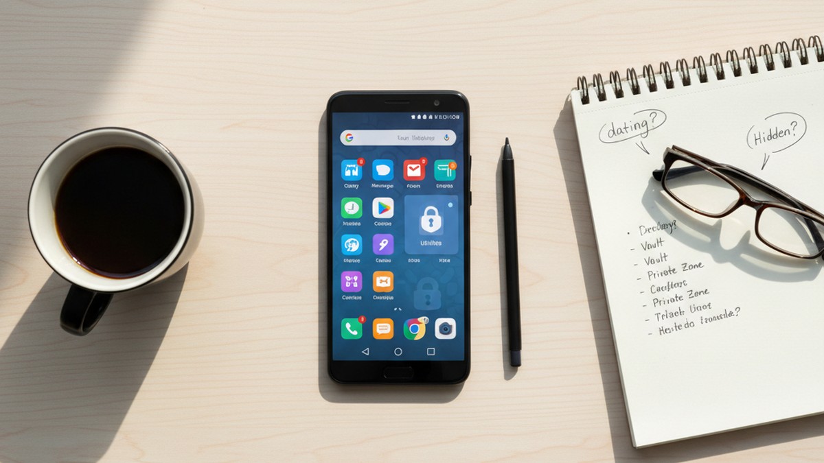 Overhead view of Android phone on desk showing home screen app icons for hidden dating app investigation