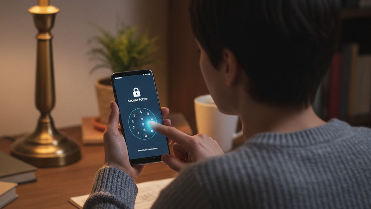 Over-the-shoulder view of Samsung Secure Folder PIN entry screen protecting hidden dating apps