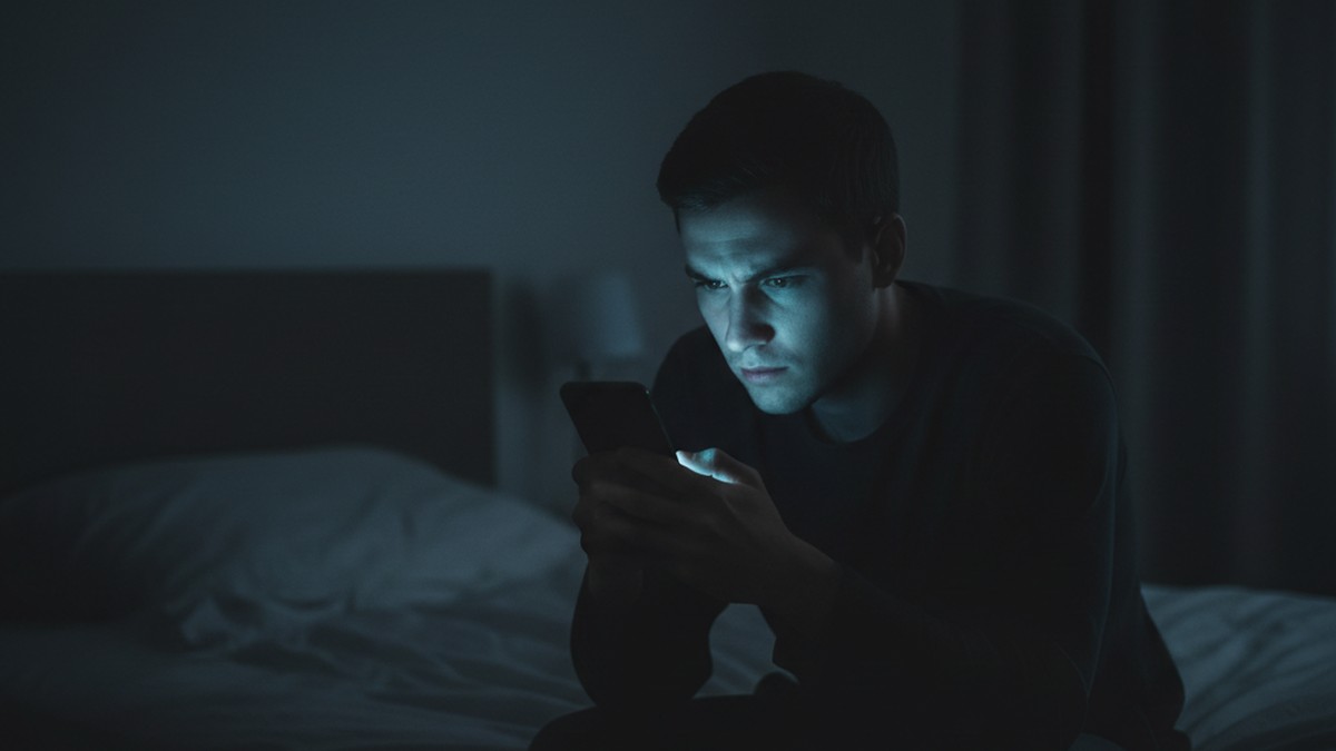 Person checking phone discreetly in dark room, screen glow lighting their face