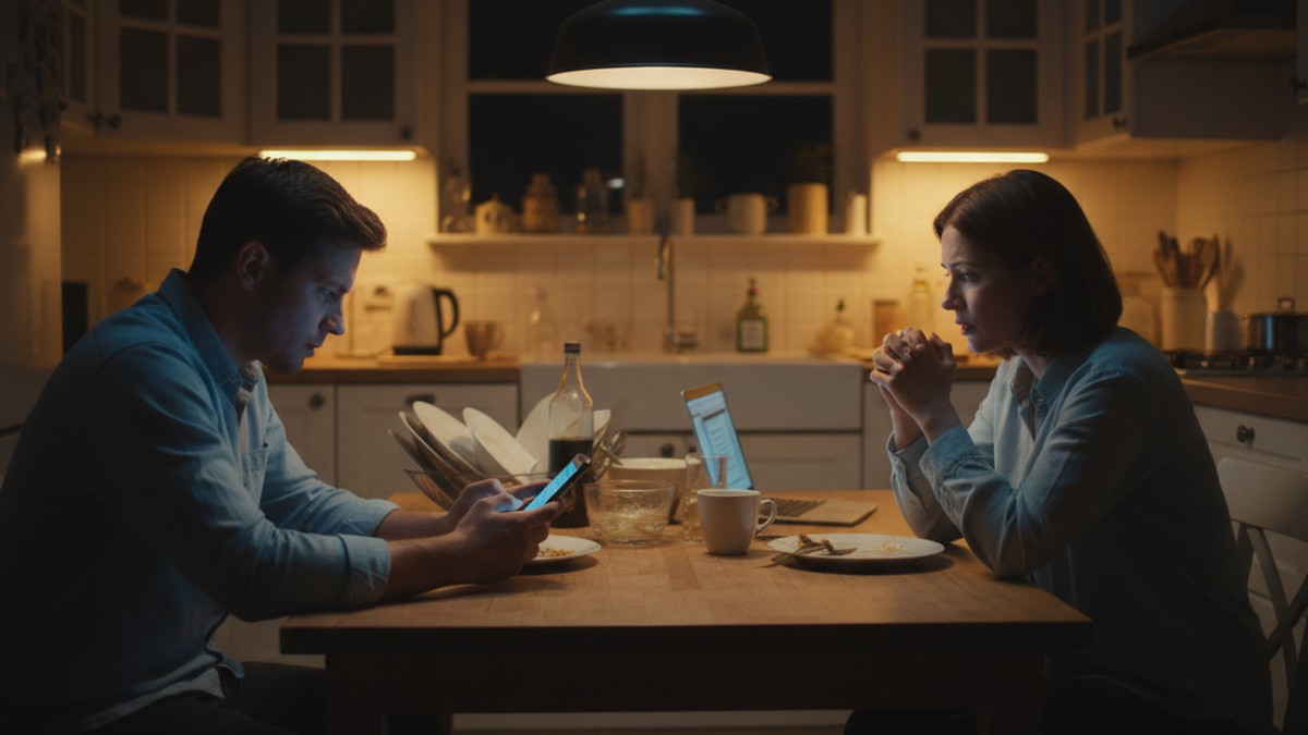Two people at a table, one on phone, relationship tension visible