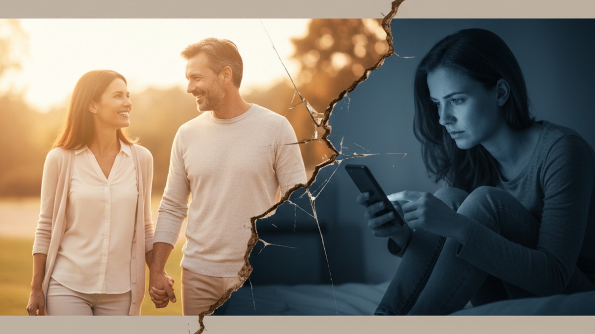 Split concept showing the duality of fidelity and secret dating app use in marriages