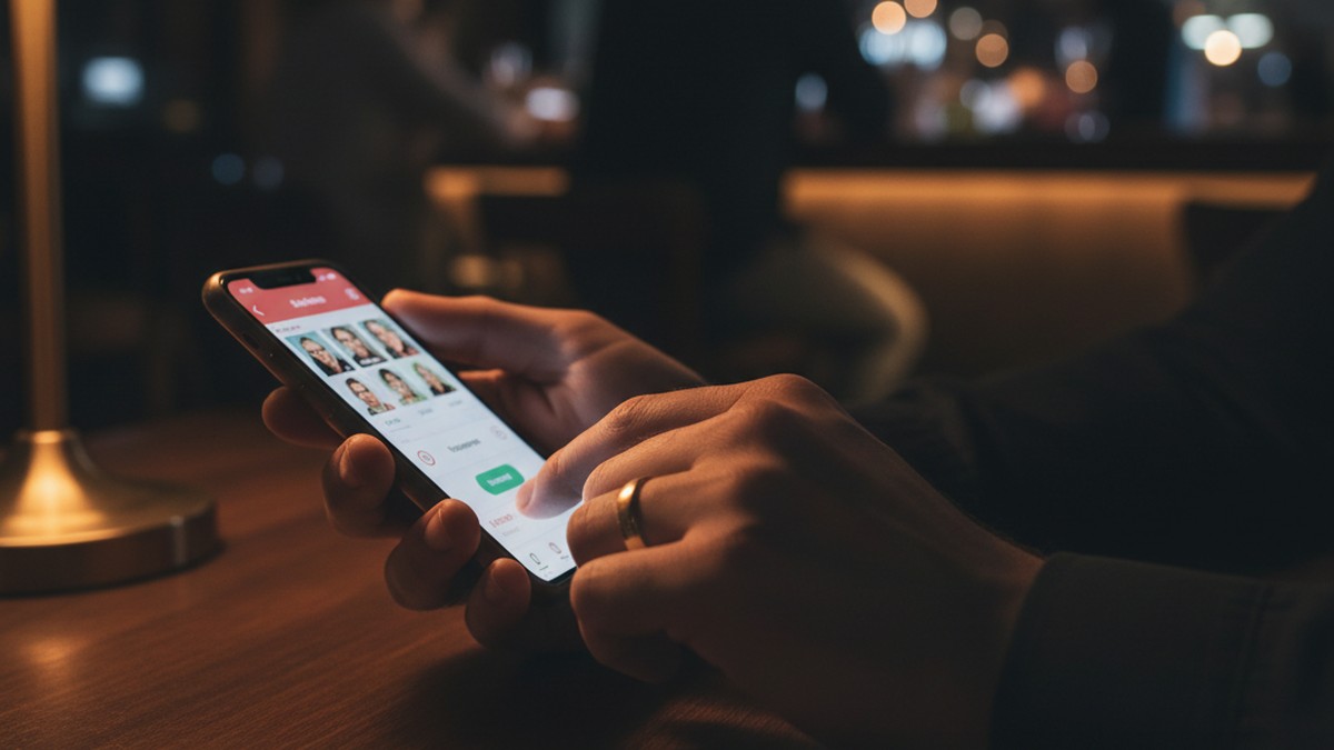 Close-up of hand with wedding ring scrolling through a dating app on phone