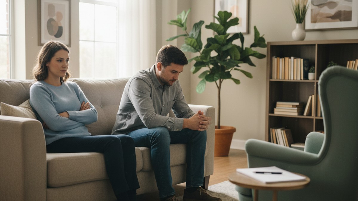 Couple sitting apart in therapist office working through infidelity recovery