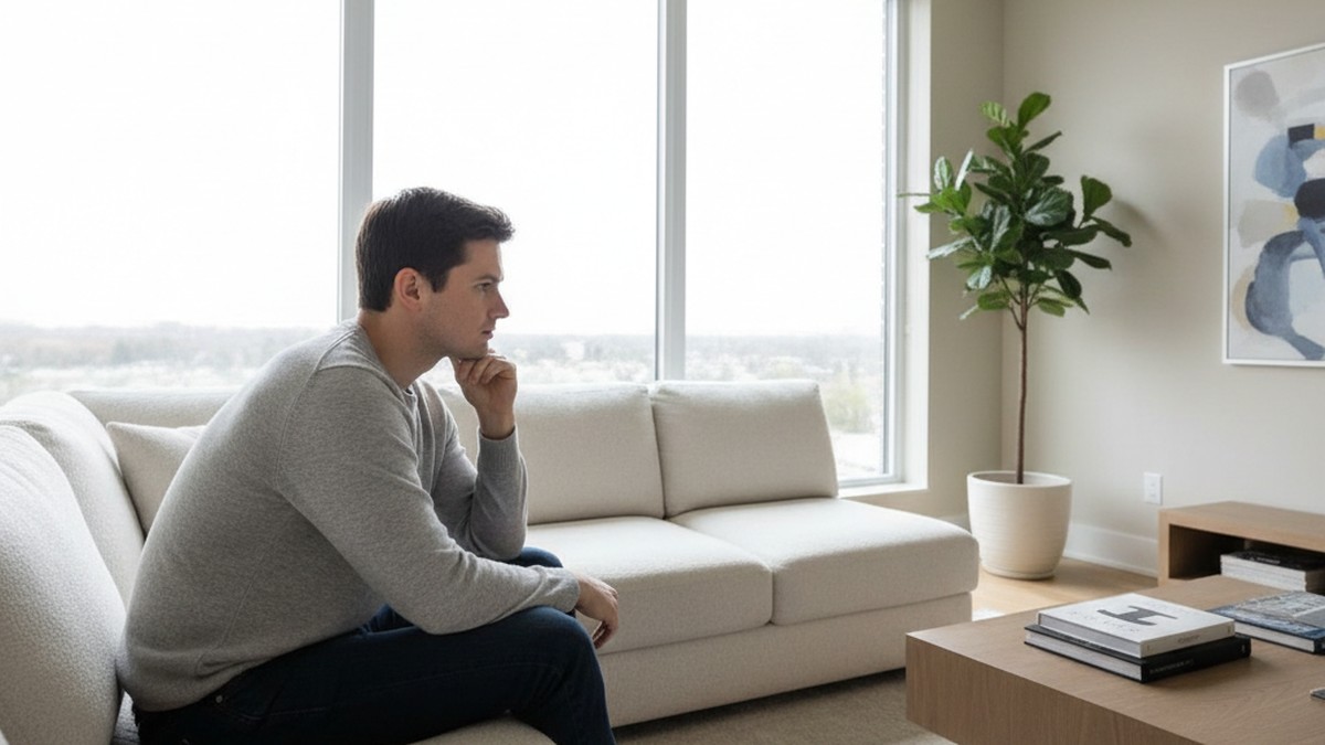 Person sitting alone on a couch looking pensively out the window after finding a partner's Tinder profile