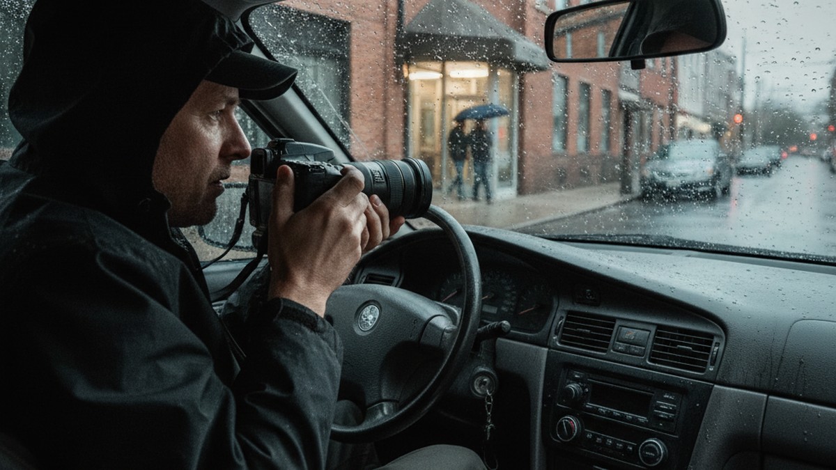 A private investigator conducting surveillance from inside a parked car, camera pointed at a building entrance through a rain-covered windshield