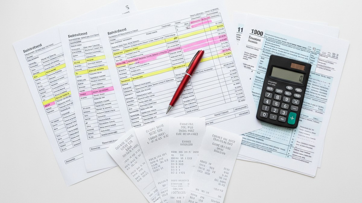 Financial documents including bank statements and credit card receipts spread on a desk with a red pen, showing how private investigators analyze financial patterns