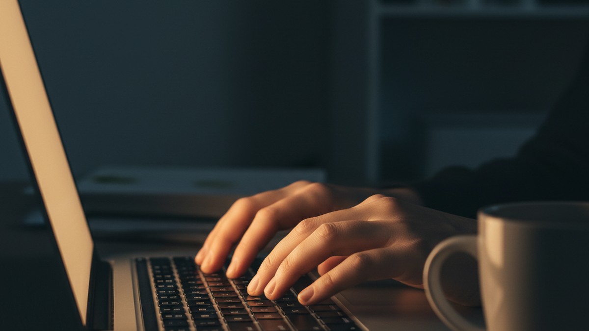 Hands typing on a laptop in a dimly lit room, conducting digital research as a first step in an infidelity investigation
