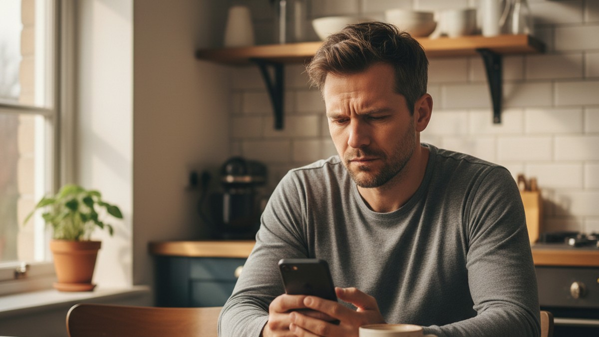 Man at kitchen table examining his phone with concern, noticing behavioral signs of a cheating girlfriend