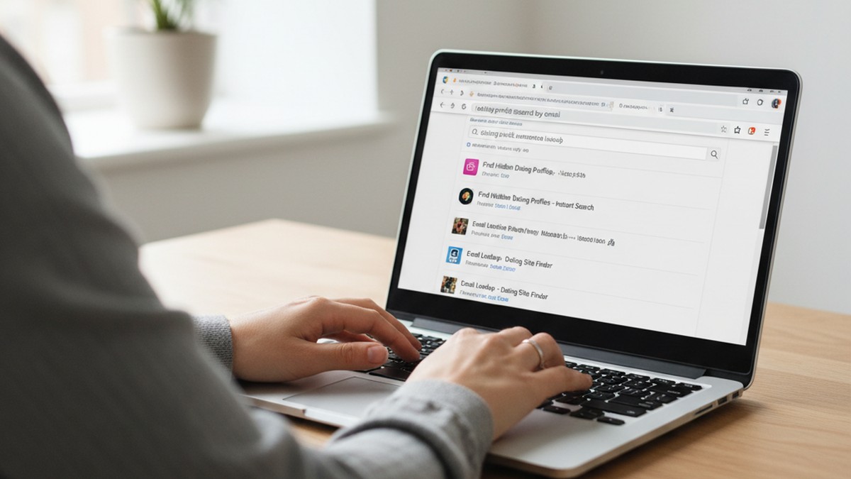 Hands typing on laptop conducting a dating profile search to find girlfriend's secret account