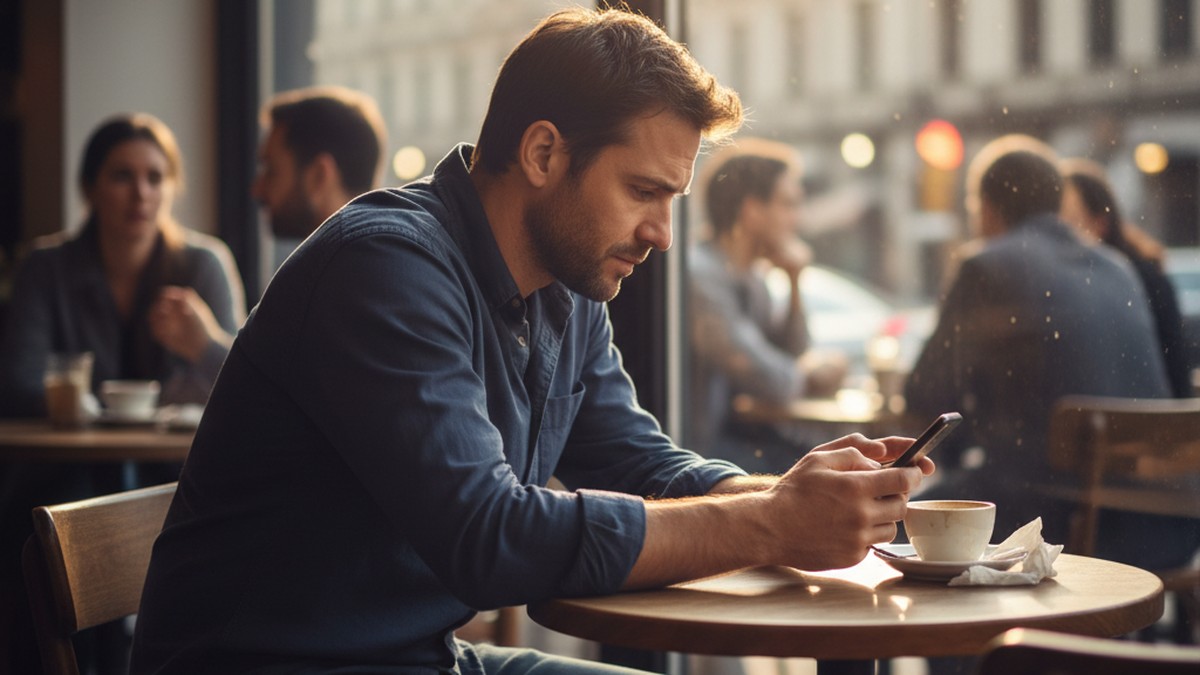 Man sitting alone in café reflecting on what to do after catching a cheating girlfriend