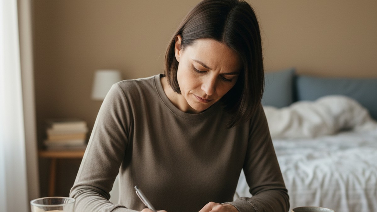 Person writing in journal at desk preparing emotionally before confrontation