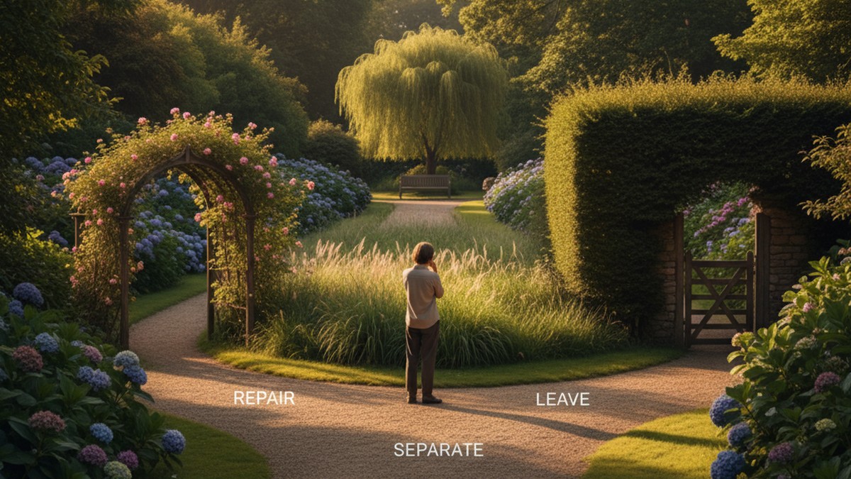 Person standing at garden crossroads contemplating three paths forward