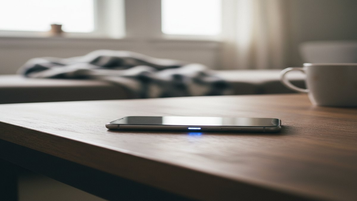 Smartphone face-down on table with notification light suggesting secrecy
