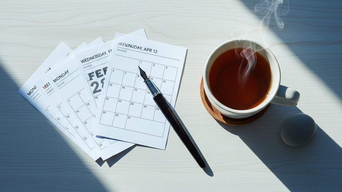 Calendar pages and tea mug on a desk — illustrating the timeline of recovery after being cheated on