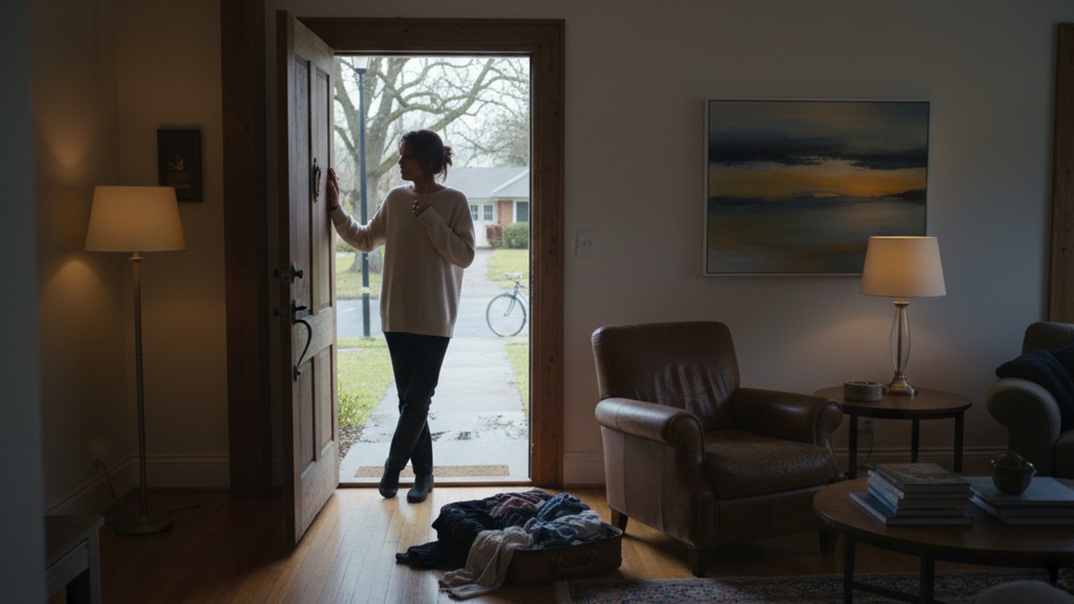 Person standing in an open doorway considering whether to stay or leave after infidelity