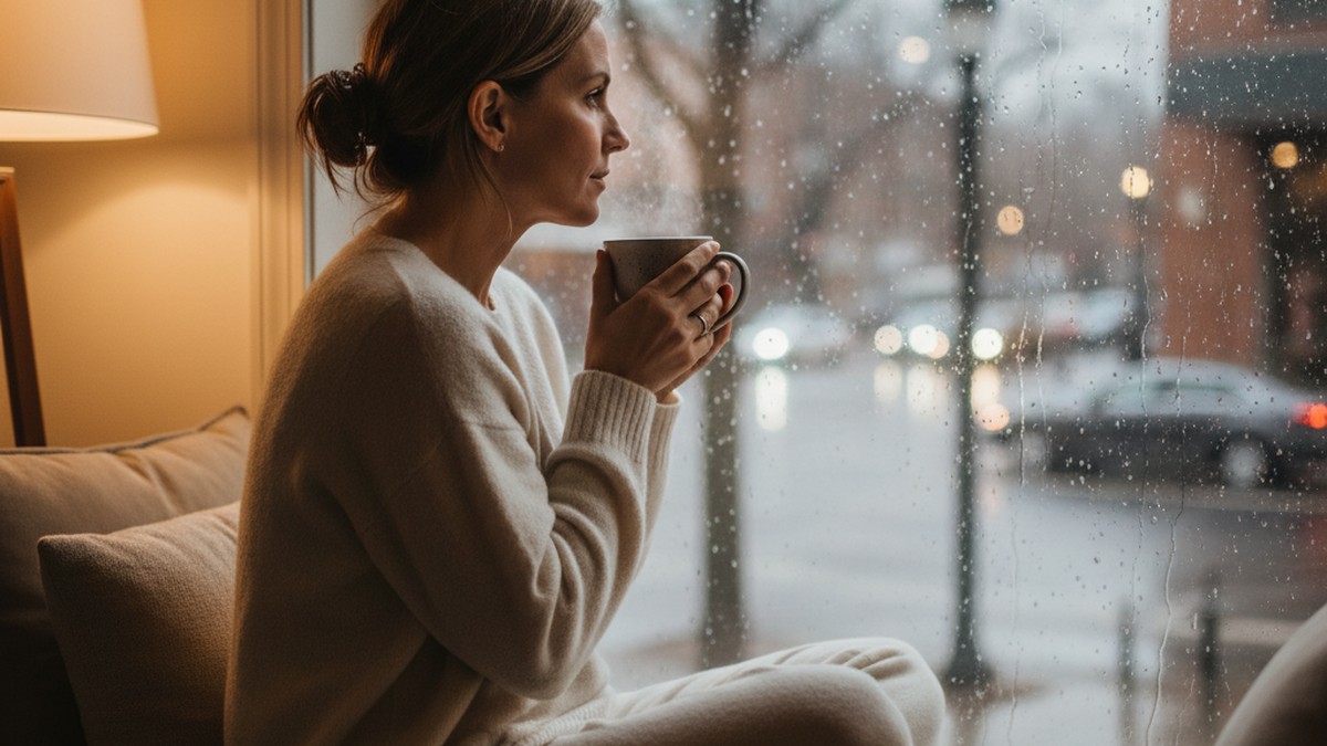 Person sitting by a rain-streaked window with tea, navigating grief that returns during recovery from cheating