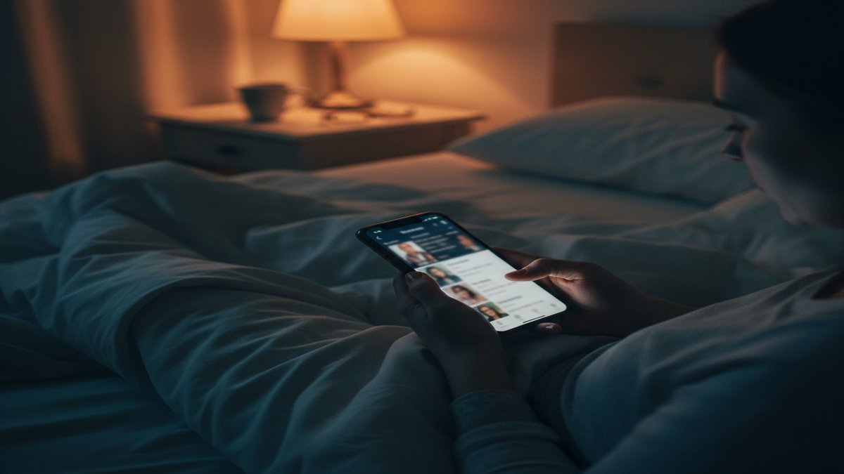 Person searching through dating app profiles on smartphone in dim lighting