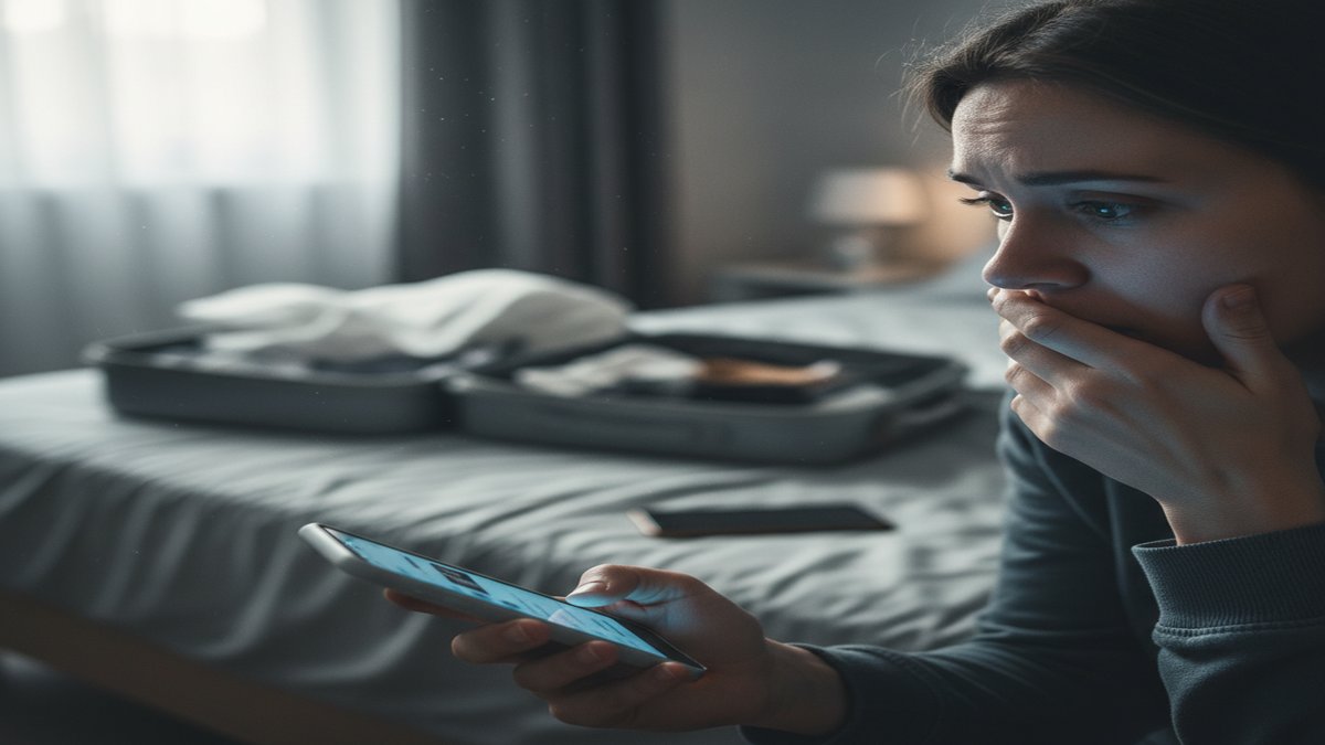 Person discovering a partner's dating profile with emotional concern